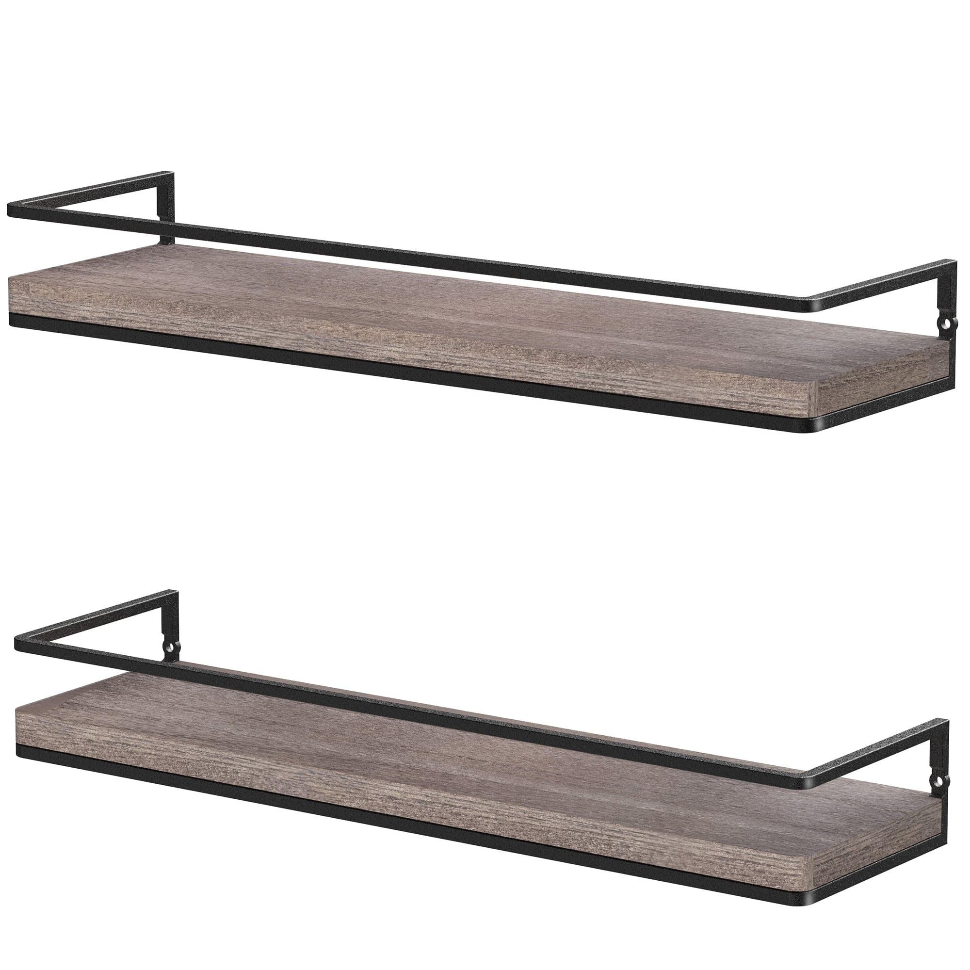 Meangood Floating Shelves Wall Mounted Set of 2, Rustic Wood Wall Storage Shelves for Bedroom, Living Room, Bathroom, Kitchen (Walnut)