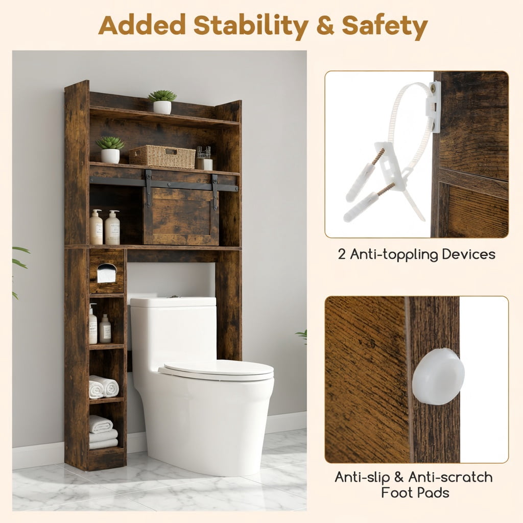 Hommoo Over-the-Toilet Storage Cabinet with Sliding Barn Door, Adjustable Shelves Bathroom Organizer for Small Spaces, Rustic Brown