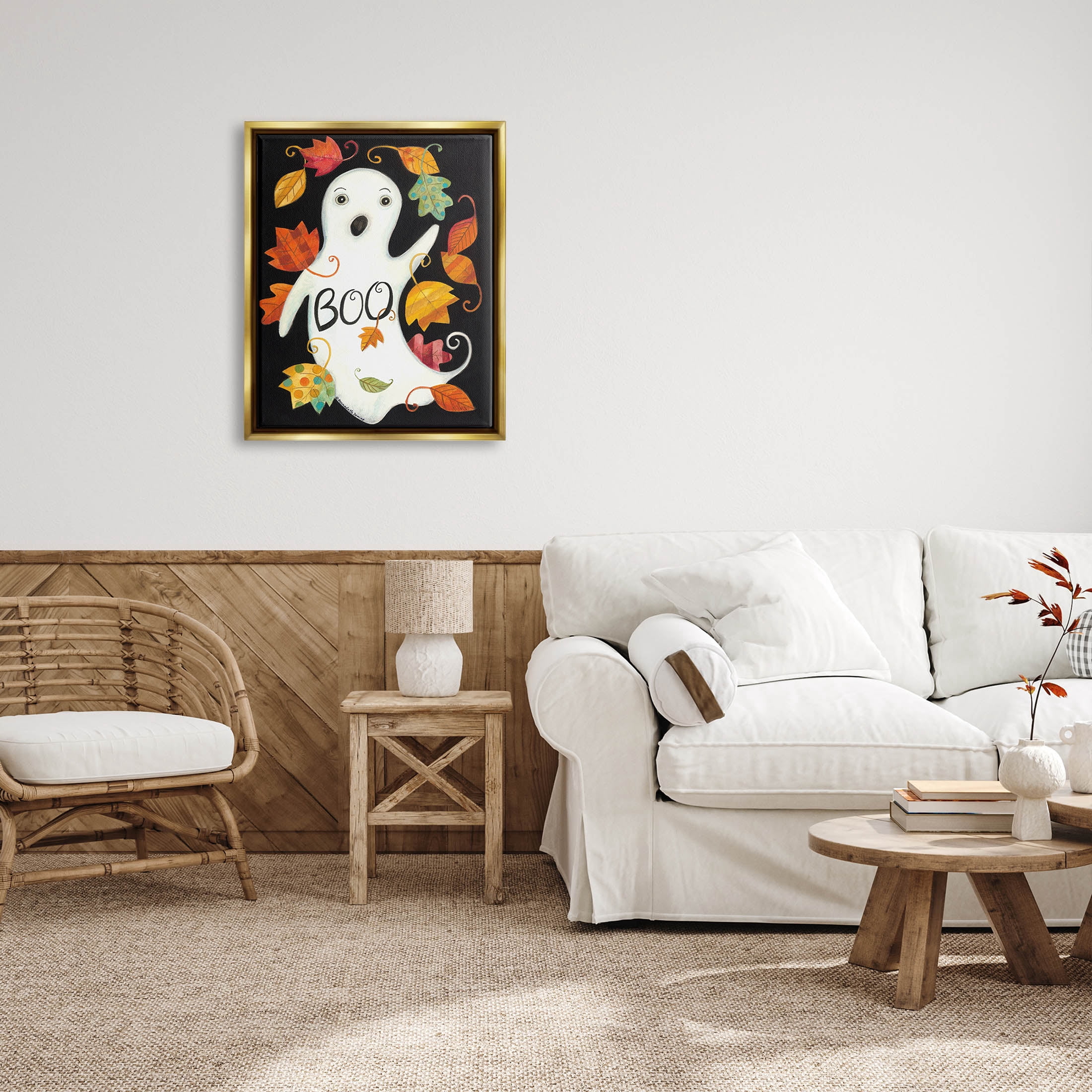 Vintage Boo Ghost Patterned Leaves Holiday Graphic Art Metallic Gold Framed Art Print Wall Art