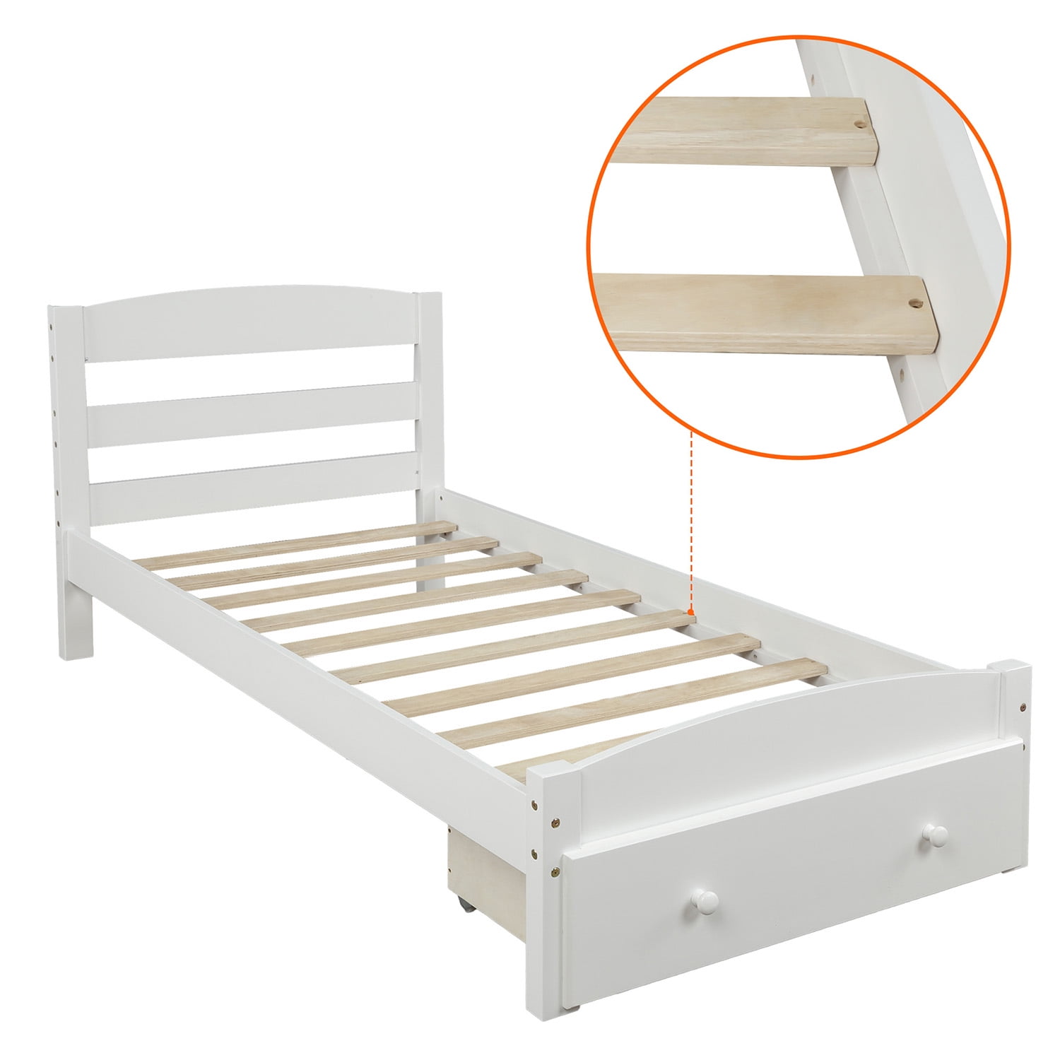 Hommoo Twin Size Platform Bed Frame with Storage Drawer, Platform Twin Bed Frame with Wood Headboard, White