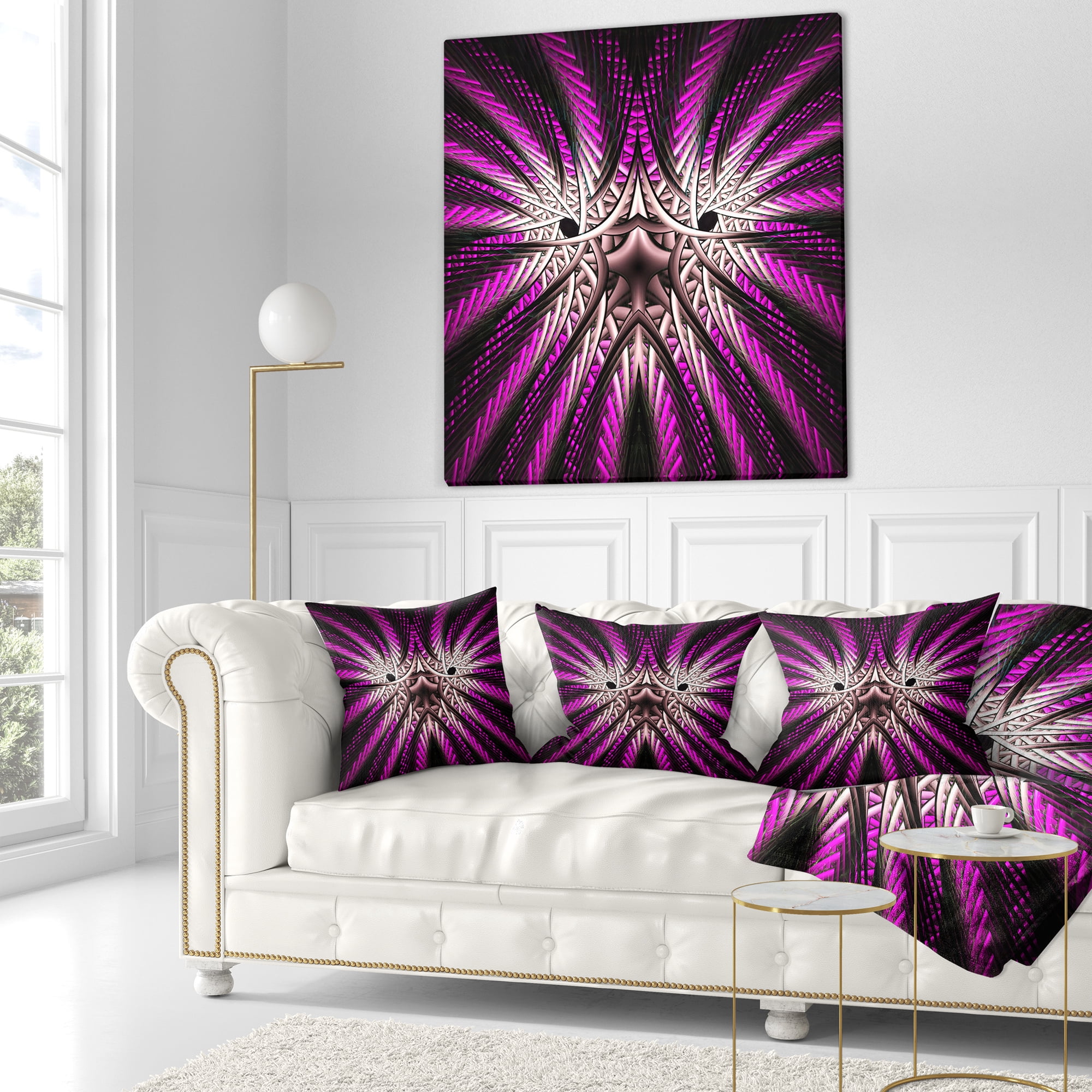 Designart Glowing Purple White Fractal Flower - Abstract Throw Pillow - 16x16