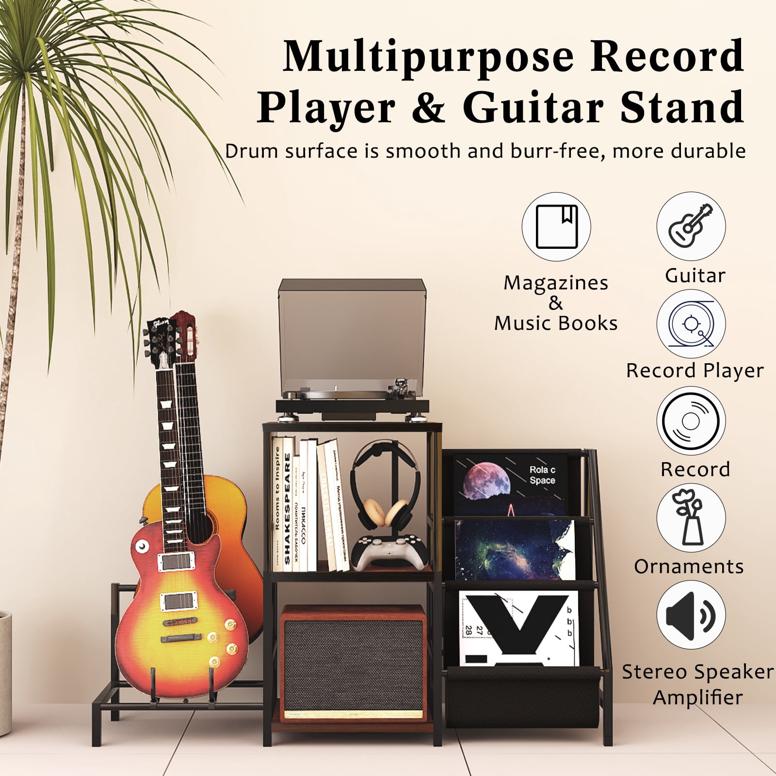 EASTROCK Guitar Stand & Record Player Stand with 3-Tier Vinyl Storage & Amp Stand for Music Room/Studio,Metal Shelf and Wooden Boards