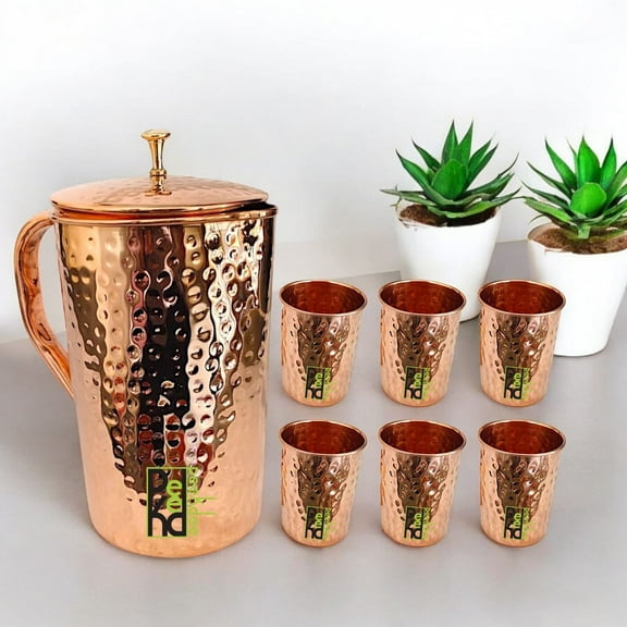 Peekdee Handcrafted Hammered Pure Copper Water Jug 1.5 Liter 6 Tumbler For Ayurveda Health Yoga Benefits