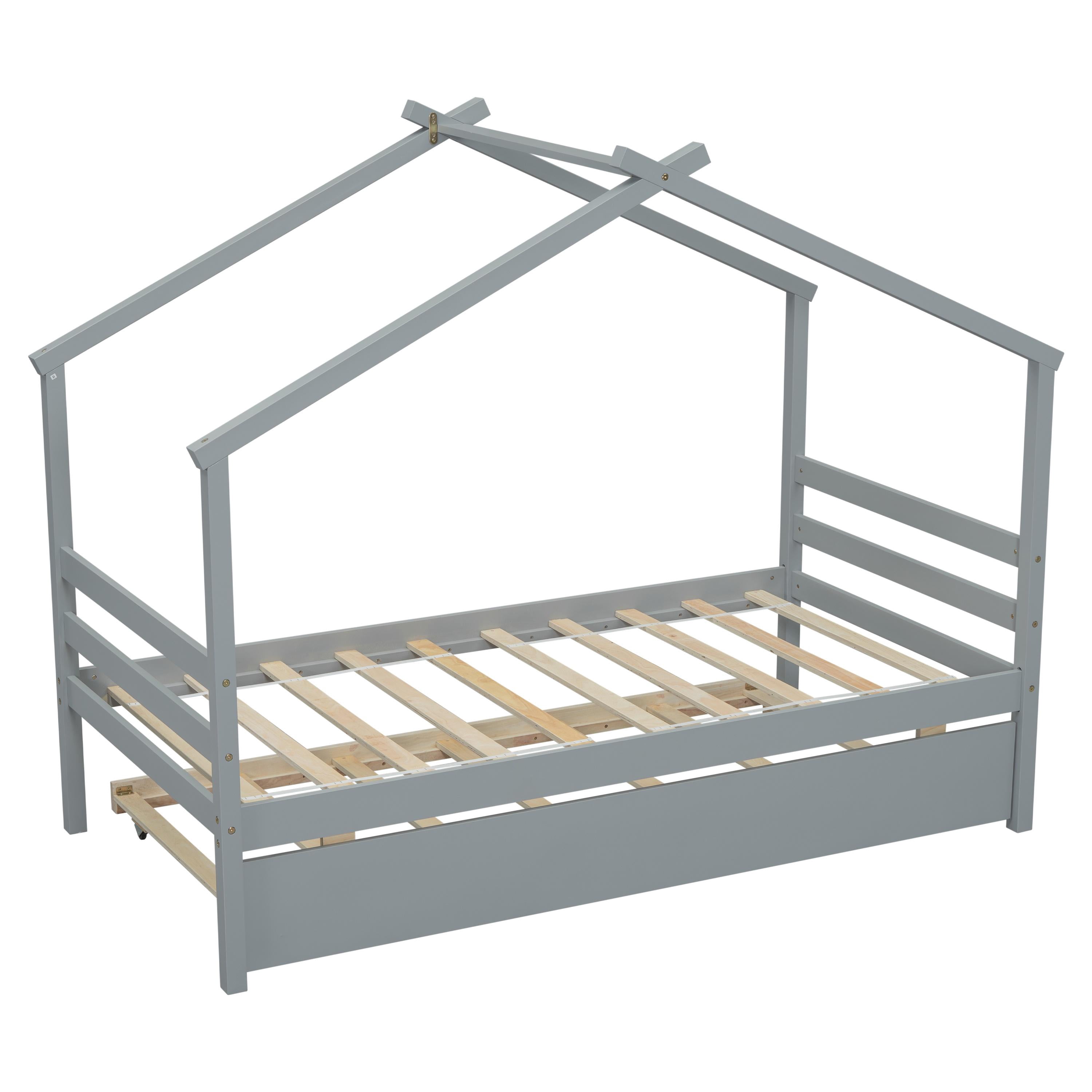 Bellemave House Bed with Trundle, Solid Wood Twin Size Playhouse Platform Bed with Roof, House Shaped Daybed for Teens (Gray)