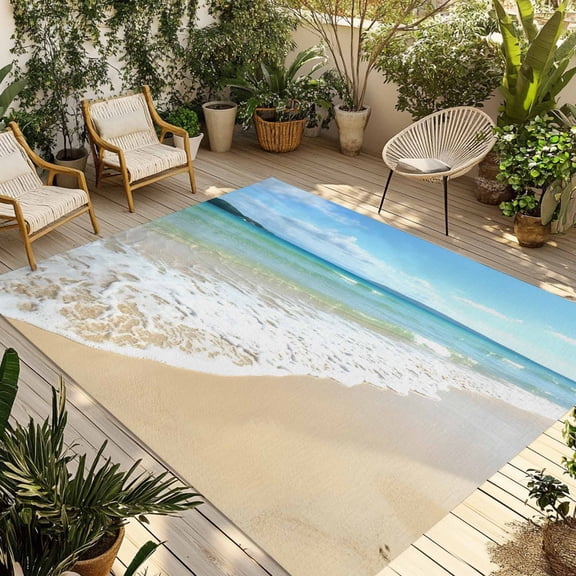 Beach Ocean Outdoor Rug for Patio/Deck/Porch, Non-Slip Large Area Rug 4 x 6 Ft, Nature Sand Sky Cloudy Sea Waves Landscape Indoor Outdoor Rugs Washable Area Rugs, Reversible Camping Rug Carpet Runner