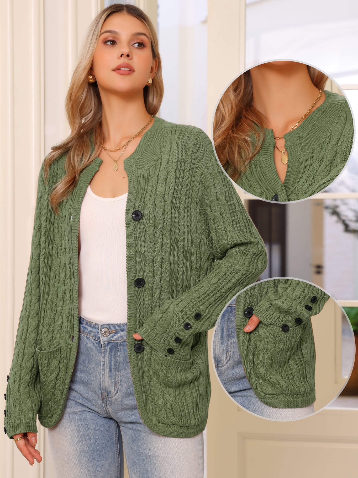 DARING DIVA Women's Cable Knit Open Front Button Up Cardigan Sweaters L Army Green