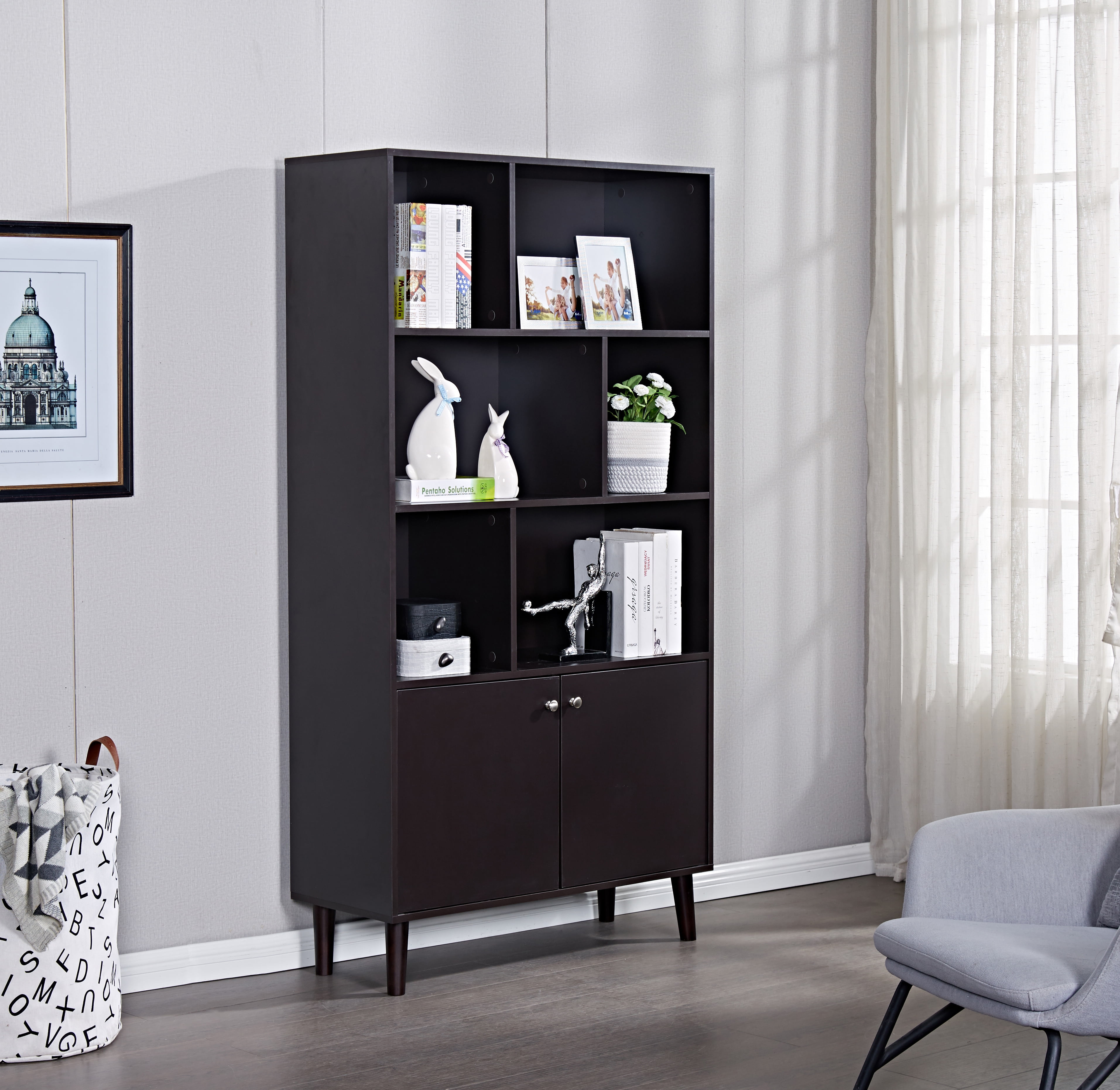 Private Jungle 3-Tier Bookcase Freestanding Bookshelf Wood Storage Display Cabinet with Open Design Shelves and Doors,Coffee Color Private Jungle 3-Tier Bookcase Freestanding Bookshelf Wood Storage Display Cabinet with Open Design Shelves and Doors,Coffee Color