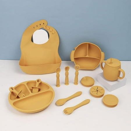 

Silicone Children s Tableware Set Baby Feeding Supplementation Tableware Slipper Sucker Bowl Spoon Dinner Plate Bib 15 Piece Set-yellow