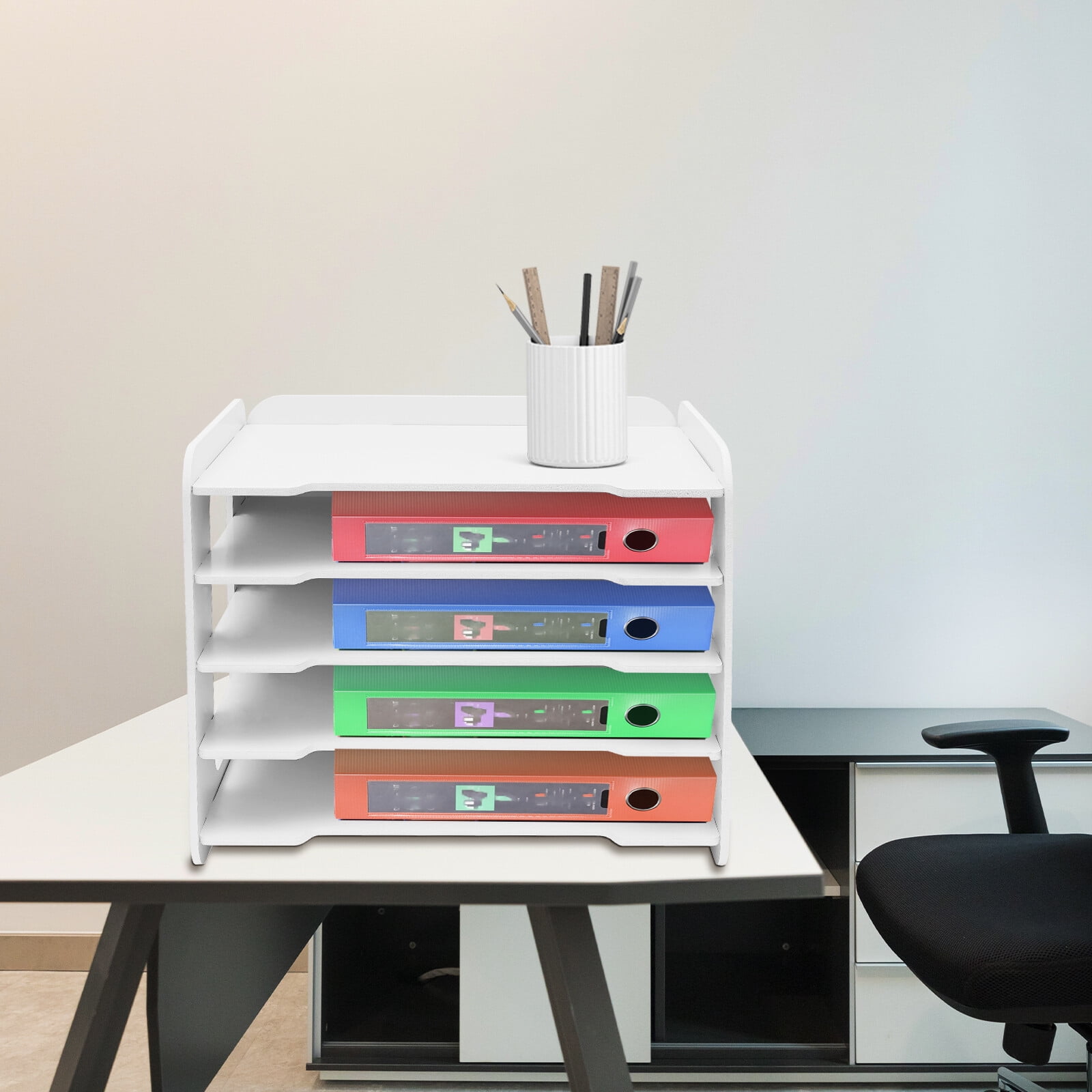 13.39*10.24*10.43 White Desk Paper Organizer with 5 Tier Storage Shelf Desktop File Holder Document Rack