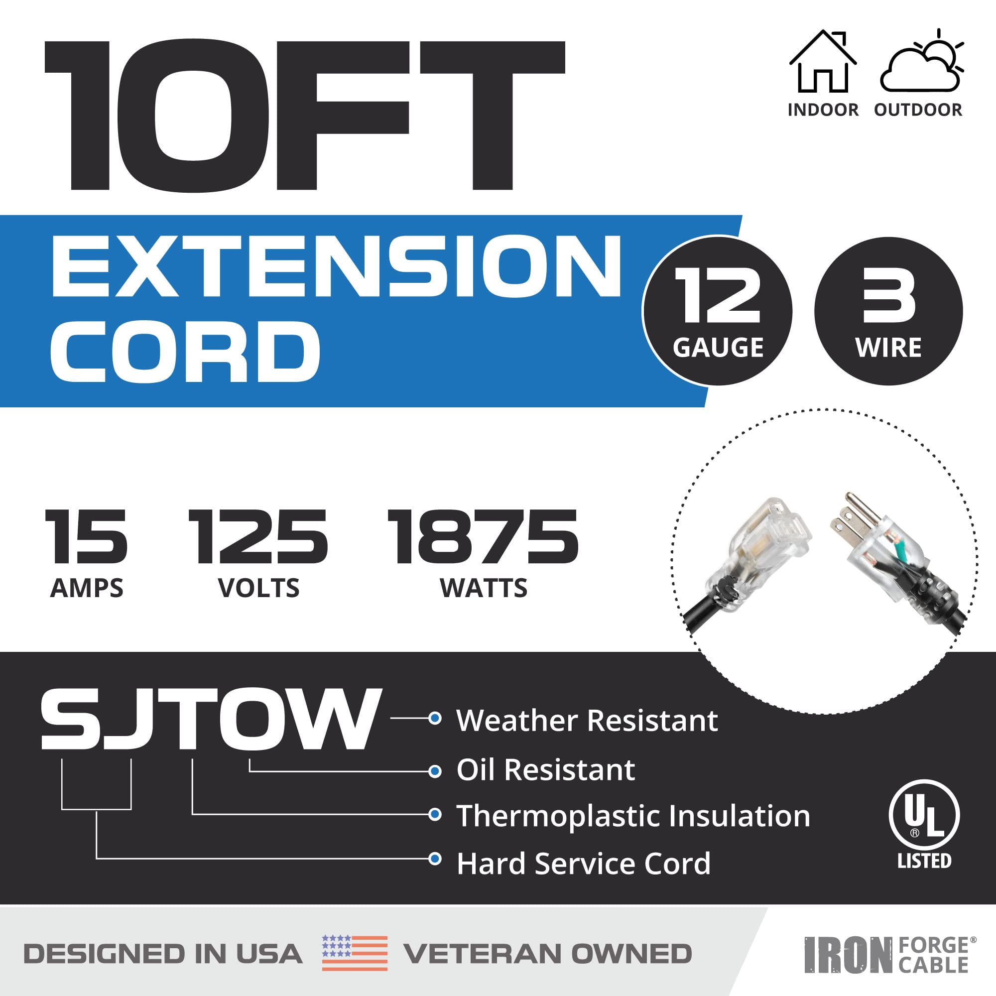 Iron Forge Cable 12 Gauge 10 ft Outdoor Extension Cord, SJTOW 12/3 10 Foot Heavy Duty Extension Cord 3 Prong, Oil Resistant & Flame Retardant - Lighted End