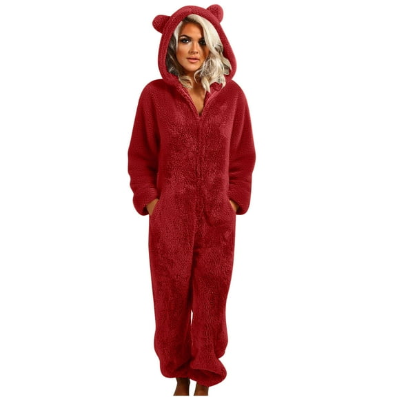 Womens Onesies Pajamas Plus Size Winter Fuzzy Adult Pajama Jumpsuit One Piece Hoodies Long Sleeve Fleece Sleepwear Red, 3XL