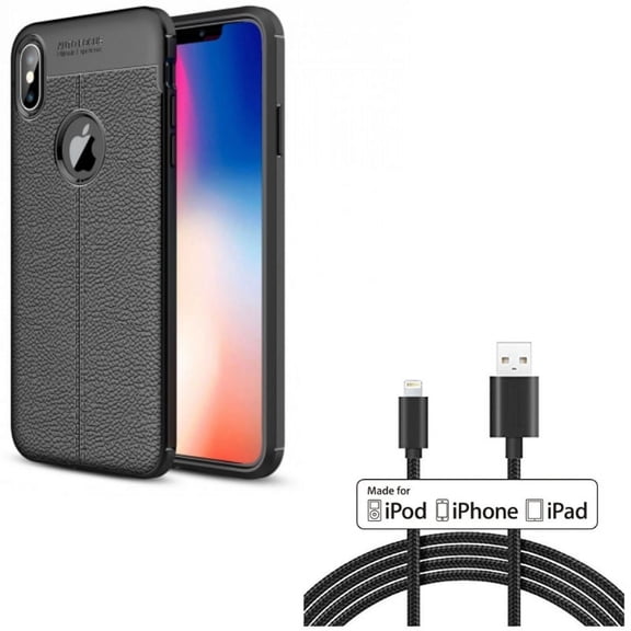 PU Leather Case w 6ft MFi USB Cable for iPhone XS Max - Slim Fit Cover Reinforced Bumper Shock Absorbent Black and Certified Charger Cord Power Wire Braided