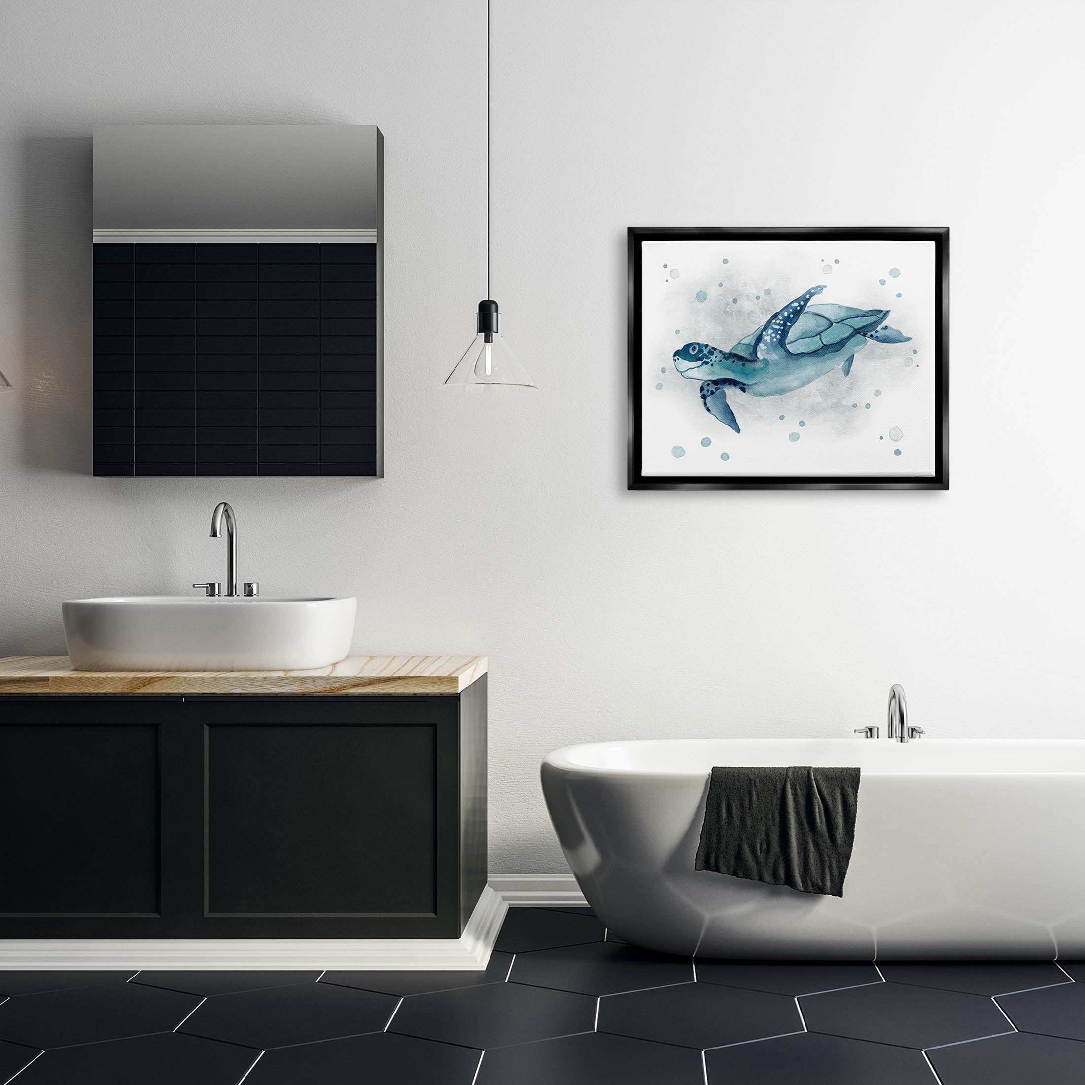 Stupell Industries Sea Life Tortoise Splash Graphic Art Jet Black Floating Framed Canvas Print Wall Art, Design by Janet Tava