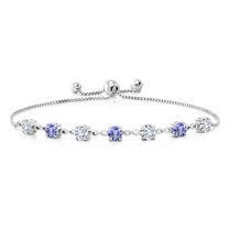 Gem Stone King 925 Sterling Silver Round White Lab Grown Diamond and Blue Tanzanite Tennis Bracelet for Women (2.74 Cttw, Gemstone April Birthstone, Round 4.5MM, Fully Adjustable up to 9 inch)
