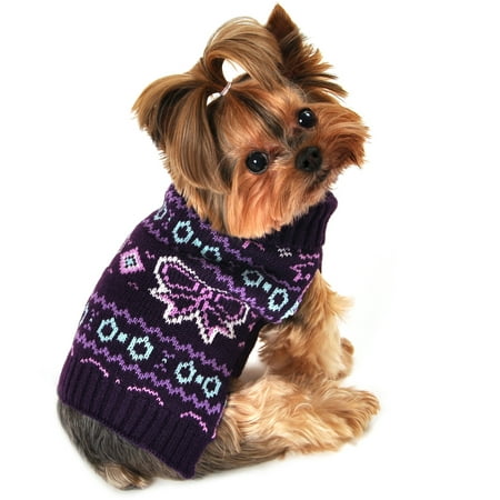 Holiday Pet Apparel SimplyDog Bow Fair Isle Dog Mockneck Dog Sweater, Dark Purple/Blue - 0