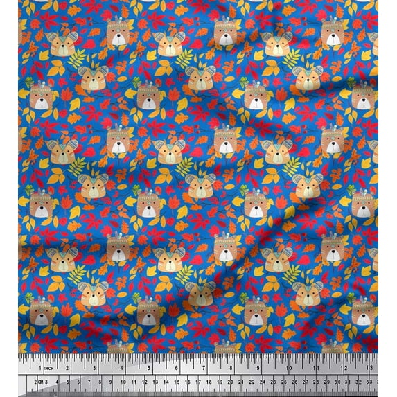 Soimoi Poly Georgette Fabric Leaves & Tribal Bear Face Tribal Print Sewing Fabric Yard 52 Inch Wide