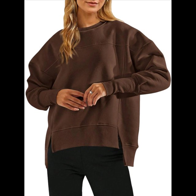 Sudadera Informal de Cuello Redondo para Mujer, -Otoño 2025, Larga, Abertura Lateral, Sudadera para Hacer Ejercicio. Color Café S