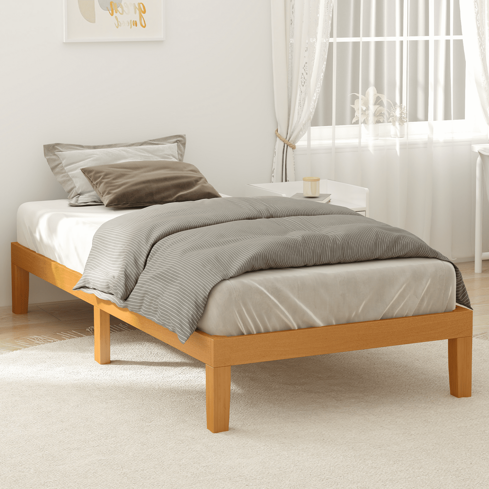 MAYEERTY Full Size Wood Bed Frame, Wooden Platform Bed Frame Mattress Foundation with Support Slats, Natural Pine