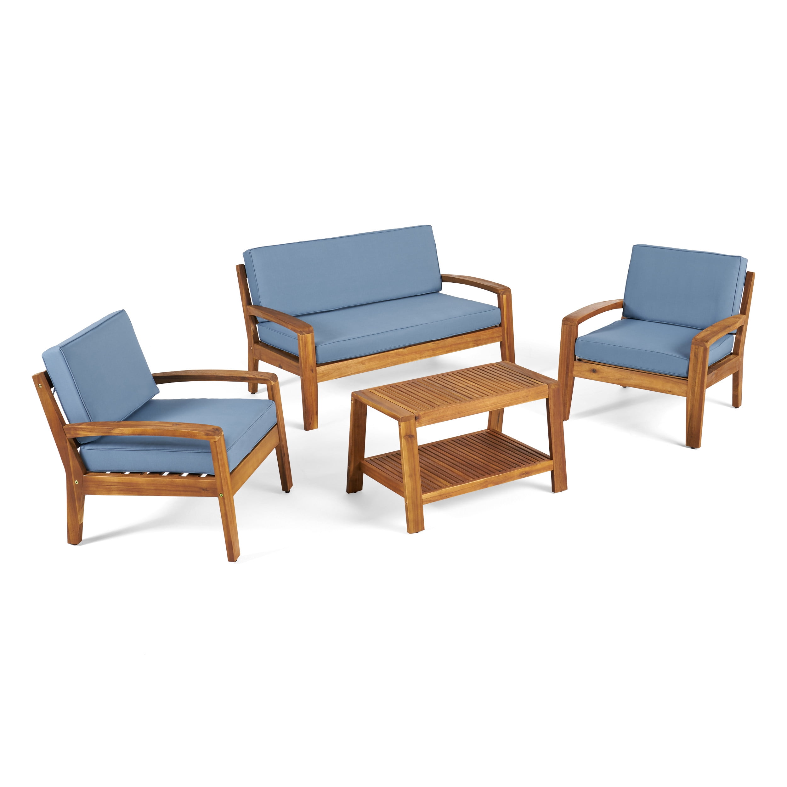 Parma 4 Piece Outdoor Wood Patio Furniture Chat Set with Water Resistant Cushions, Blue