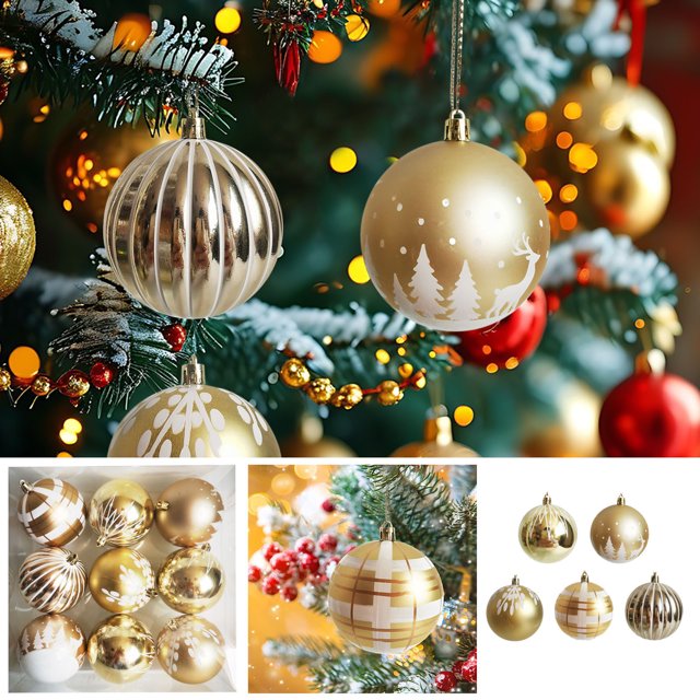 adornos navideños, adornos navideños, regalos navideños juego de 9 bolas navideñas - juego de bolas decorativas navideñas doradas bola decorativa para árbol de navidad Juego de 9 esferas doradas (8 cm) de plástico irrompible; vista frontal centrada con bolas colgando en ramas de pino con nieve artificial y luces cálidas. Mezcla de acabados mate y brillante con motivos de pinos y ciervos, franjas y estrías; ideal para árbol, decoración de eventos o como set de regalo.