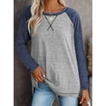 thumbnail image 5 of SHIBEVER Fall Fashion Color Blocked Tunics Tops For Women Long Sleeve Crew Neck Cross Split T Shirts Blouses Greyblock, 5 of 6