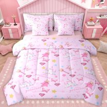Castle Fairy Kawaii Princess Castle Girl Twin Bedding Sets 7-Piece,Pink Crystal Butterflies Bedding Comforter Set Microfiber,Starry Sky Breathable Sheet Sets,Breathable Home Decor,Reversible