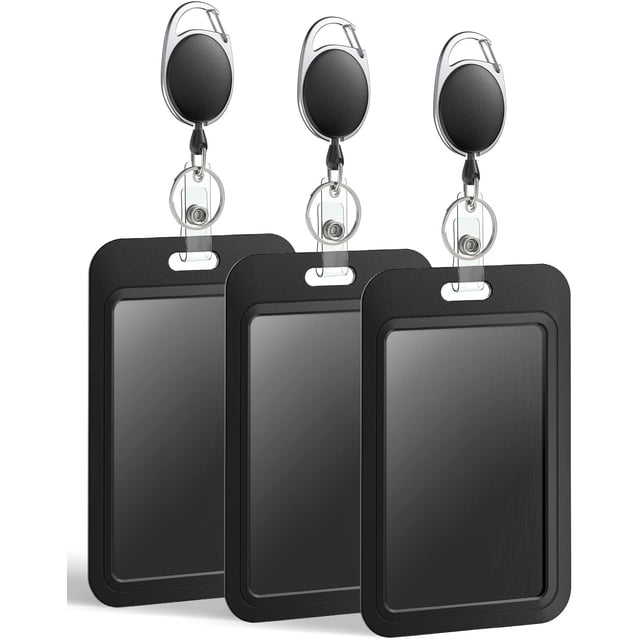 Paquete de 3 Porta Credencial Deslizante Estuche Protector de Plástico Vertical Negro Duro con Carrete de Credencial Retráctil para Oficina, Escuela, Identificación, Crédito, Proximidad, Tarjeta Clave