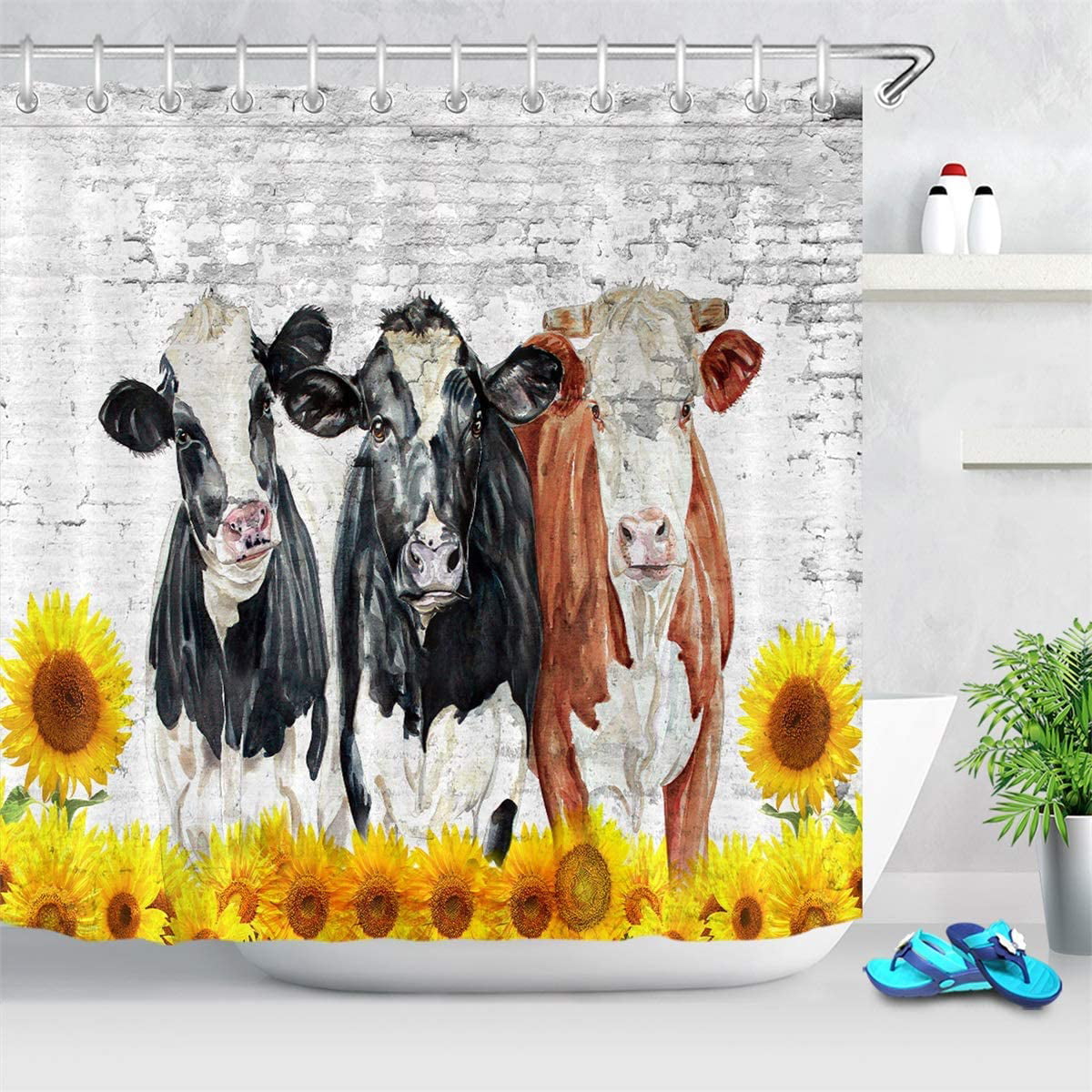 Watercolor Cow Heifer Sunflower Daisy Flowers Shower Curtain Set Bathroom Decor 