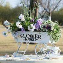 Vintage Metal Wheelbarrow Planter Cart, Small Flower Pot Holder for Indoor Outdoor Use, Rustic Farmhouse Garden Decor for Patio, Tabletop, Home Market Decor