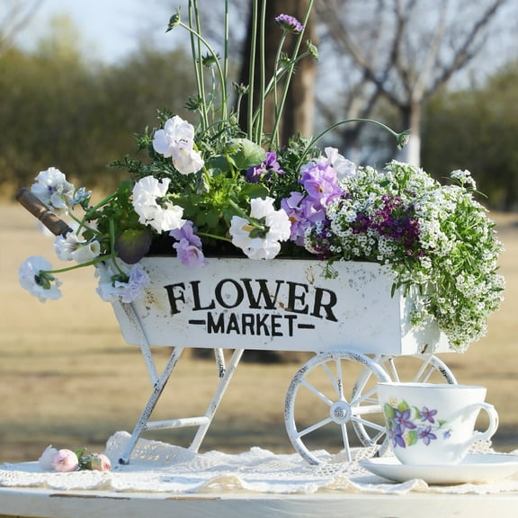 Vintage Metal Wheelbarrow Planter Cart, Small Flower Pot Holder for Indoor Outdoor Use, Rustic Farmhouse Garden Decor for Patio, Tabletop, Home Market Decor