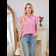 thumbnail image 4 of Tops con Volantes para Mujer, Blusas Bohemias con Cuello en V y Muescas, Camisetas Tipo Túnica con Mangas Abullonadas en Rosa M, 4 of 10