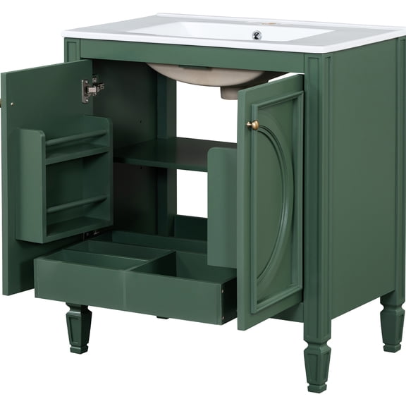 30" Bathroom Vanity Sink , Vintage Charm, Silent Door Hinges - Generous Storage With Two Doors, Shelf & Functional Drawer Sink, Aesthetic, Rust- Handles Ample Cabinet,
