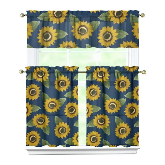 Yellow Sunflower Kitchen Curtains Set - 3 PC Boho Floral Tier & Valance, Vintage Rustic Window Treatment, Golden Bloom & Butterfly Design, Rod Pocket Panels