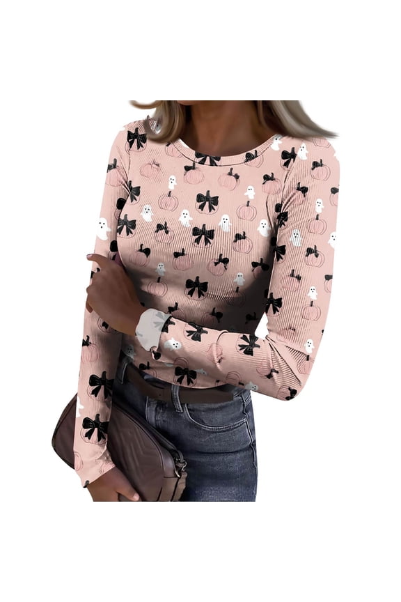 Halloween Shirts for Women Ribbed Knit Long Sleeve Halloween Knitted Tops Casual Slim Fit Holiday Halloween Tee