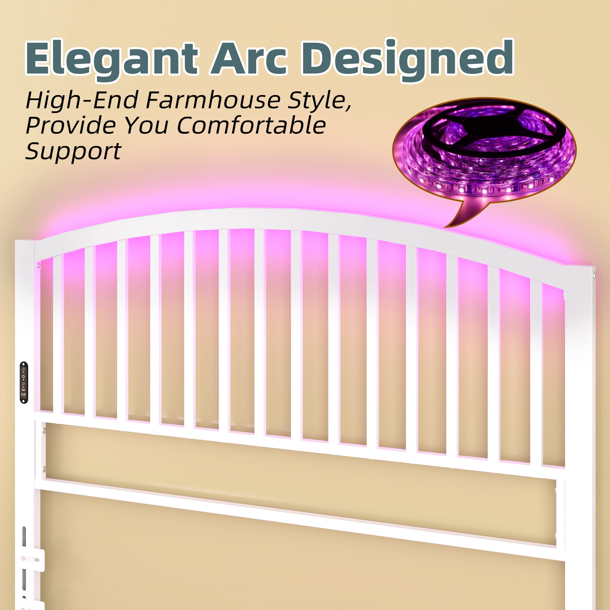 Garmic 46.76” High Queen Size Metal Headboard with LED Light & Charging, Height Adjustable Metal Platform Bed Headboard for Bed Frame - White