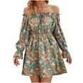 thumbnail image 2 of FcBaudy Robe à Manches Longues Col en V, Robes d'Été pour Femmes, Robes Imprimées pour Femmes, Robe Longue à Bretelles Épaules Dénudées, 2 of 4