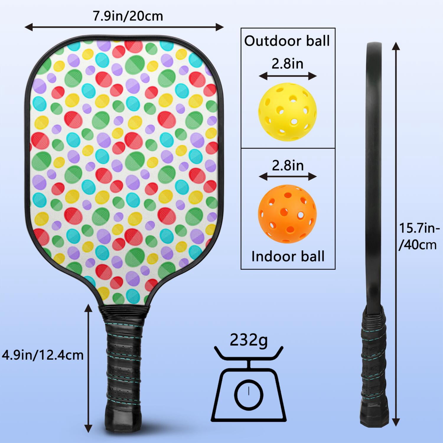 Pickleball Paddles Set Of 2, Fiberglass Surface, Sweet Candy Print, 4 Balls & Bag