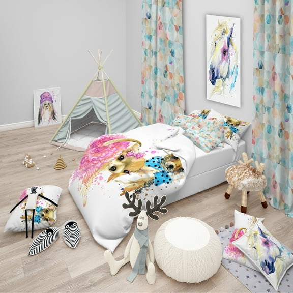 Designart 'Bridge and Groom Dog Illustration' Modern & Contemporary Duvet Cover Set