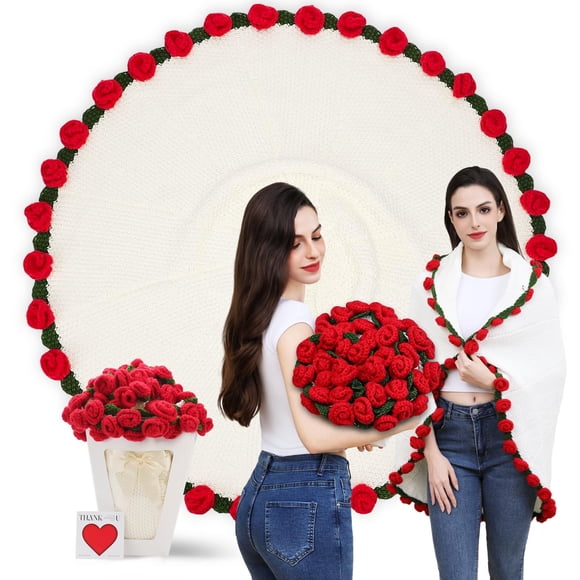 Manta tejida a crochet con ramo de rosas Duryeo, hecha a mano