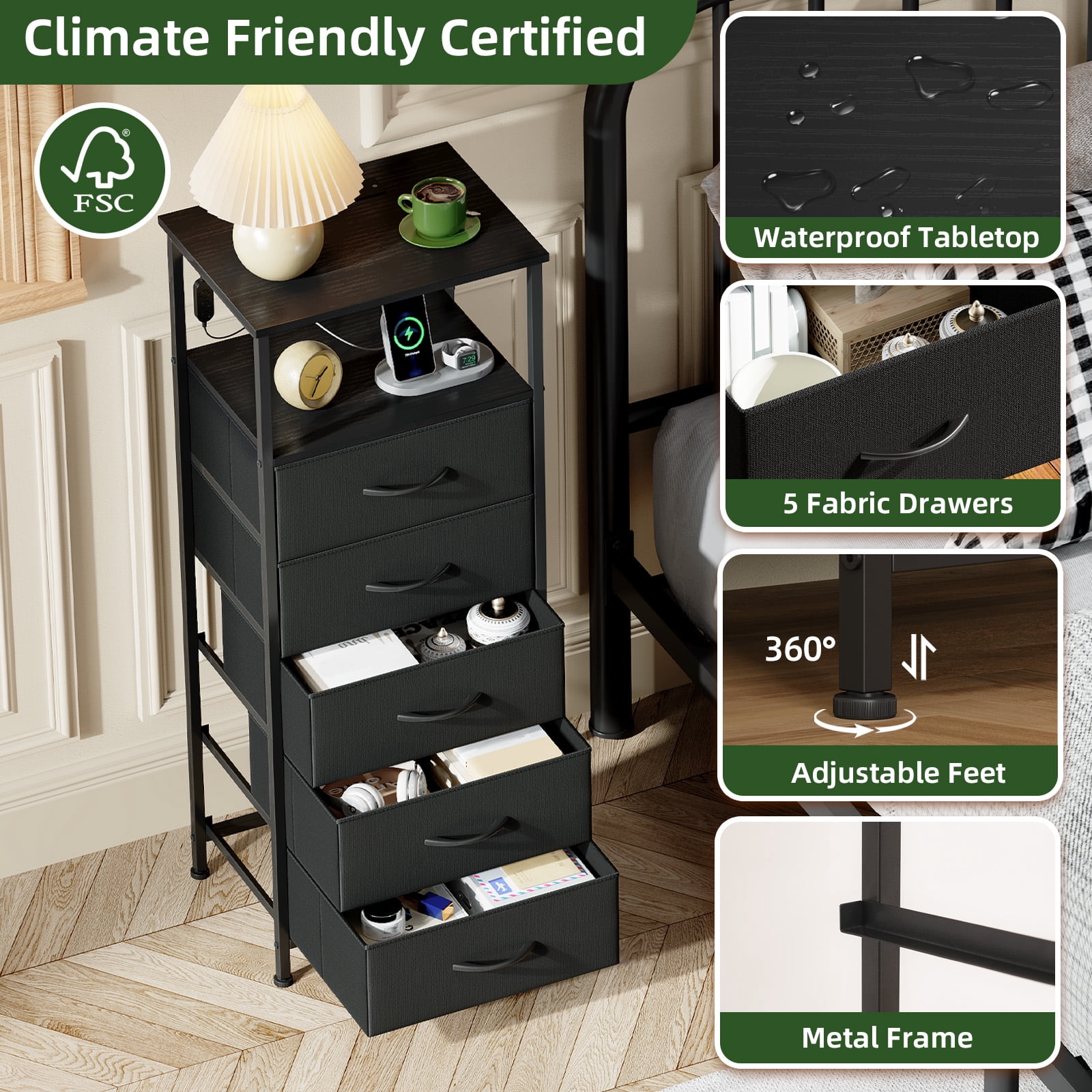 Eunos Black Dresser for Bedroom, 5 Drawer Nightstand with Charging Station, LED and Open Shelf