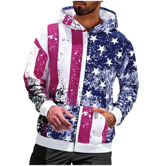 Men's Pullover Hoodies Long Sleeve Stars and Stripes Print Sweatshirts Hooded Front Zipper Casual Tops with Pockets (XL, Red)