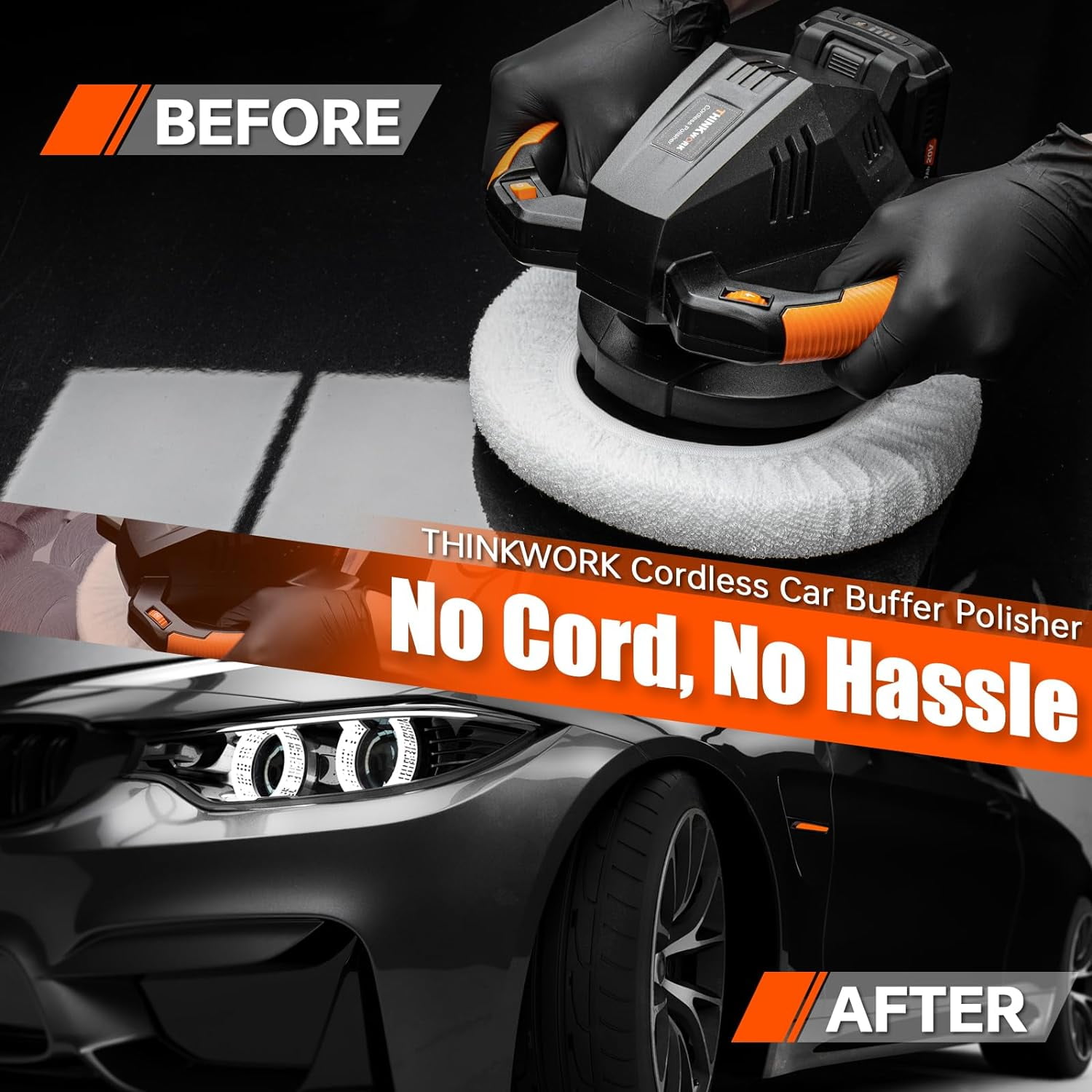THINKWORK Portable 20V Cordless Buffer Polisher - 10-Inch Polishing Machine Kit for Car with 2Ah Rechargeable Battery, 6 Variable Speed 1500-3600RPM, Double Handle, Ideal for Car Waxing