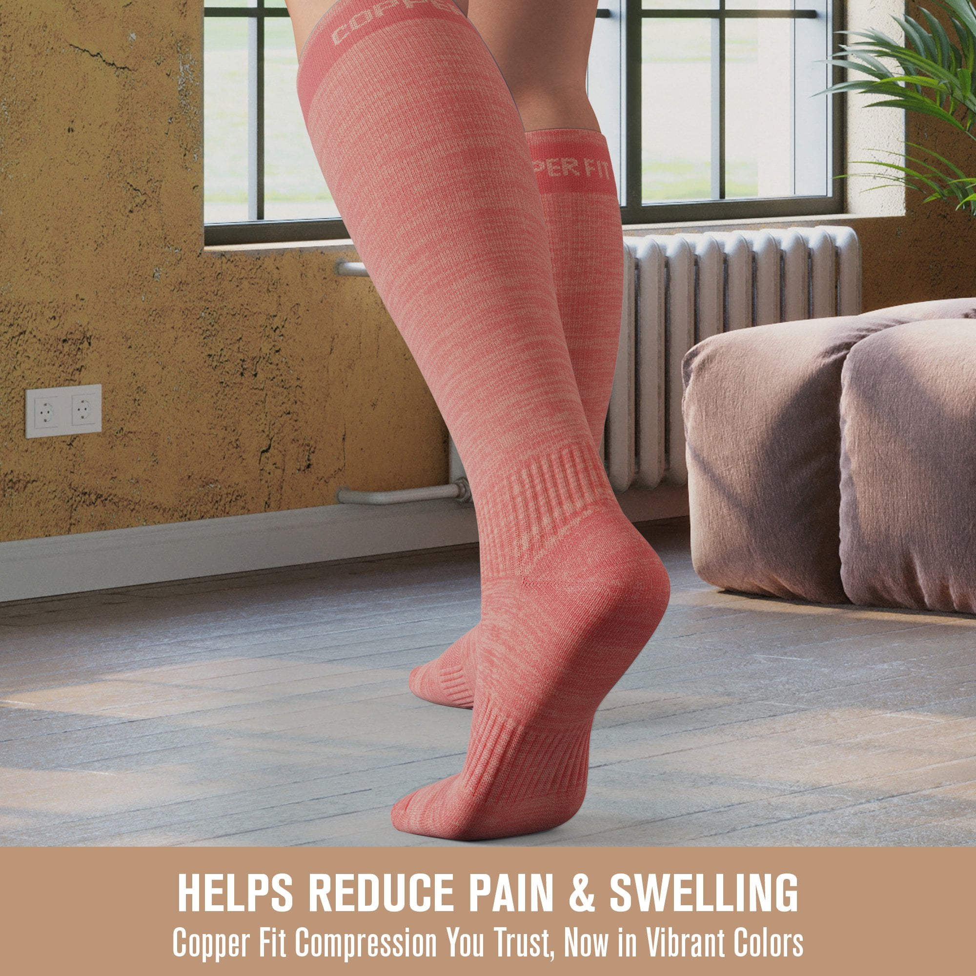 Copper Fit® Compression Socks, Copper Infused Easy-On/Off, 1-pair, Unisex, Heather Coral, S/M