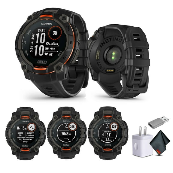Garmin Instinct 3 45mm Smartwatch GPS Solar Charged Display Black (010-02934-00) Tactical Smart Watch Bundle