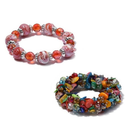 Wood Beads Shell Bracelets - Women's Multi Color Glass Shell Set of 2 Strand Bead Bracelet Jewelry Cttw 455