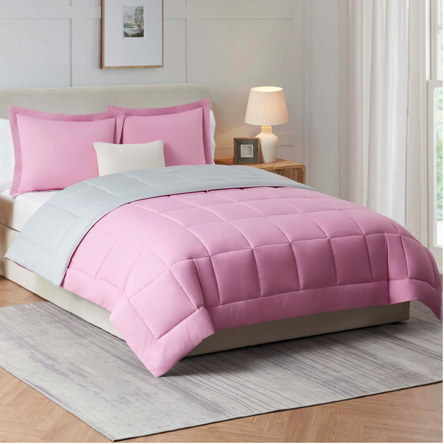 Nestl Queen Comforter Set, 3 Piece Bed in a Bag, Reversible Down Alternative Bedding Set, Pink & Light Gray