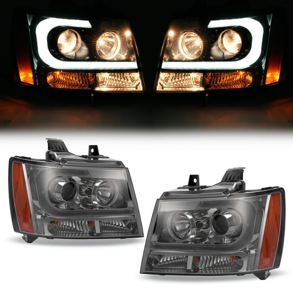 KOJEM Projector Headlights for 2007-2013 Avalanche Tahoe Suburban Projector Smoke Headlights LED Bar