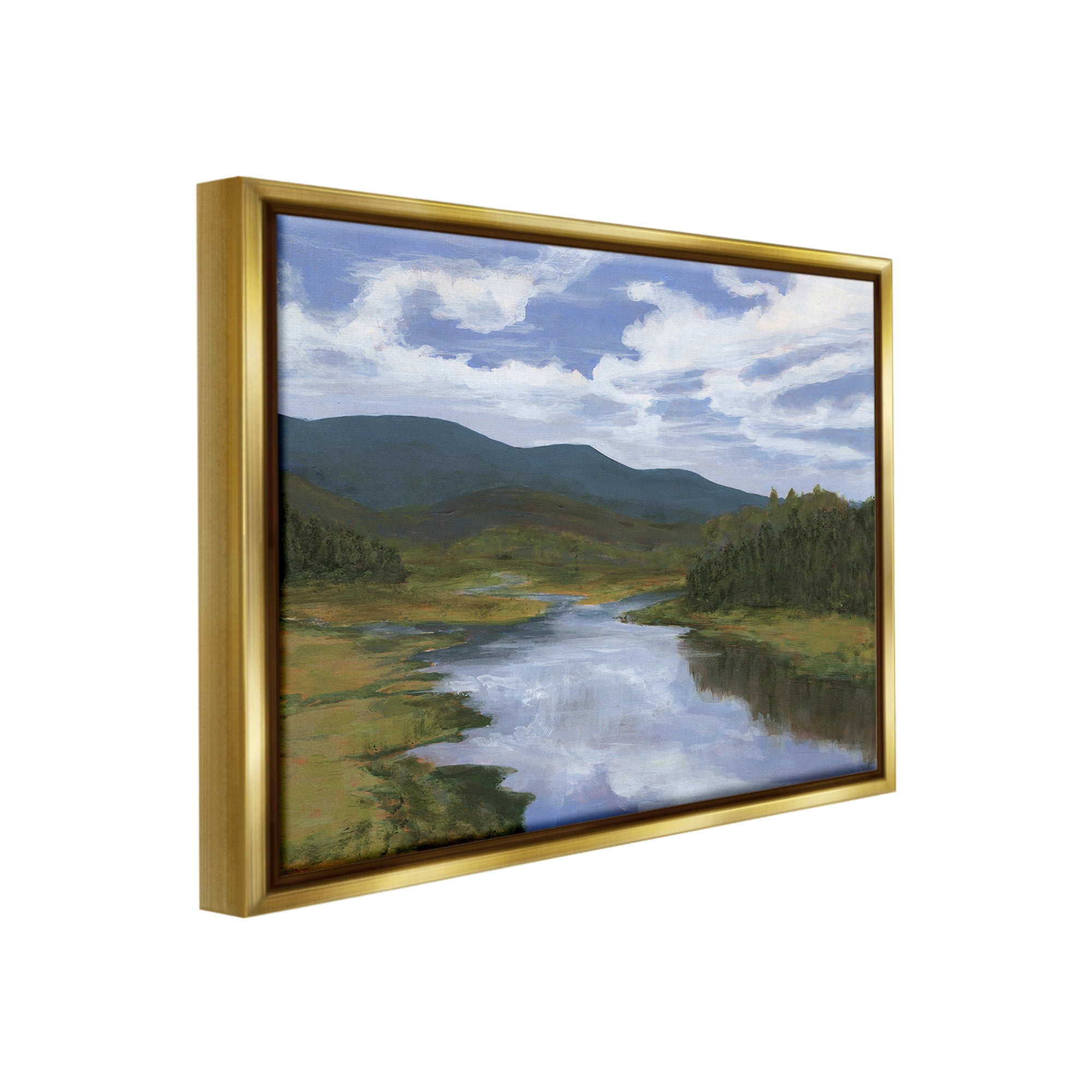 Stupell Industries Cloudy River Landscape Landscape Painting Gold Floater Framed Canvas Art Print Wall Art, 31 x 25