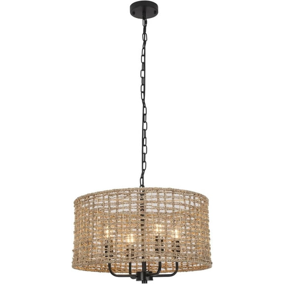 20" Hand-Woven Rattan Chandeliers for Dining Room, 4-Light Bohemian Wicker Drum Pendant, Chandelier Farmhouse Light Fixture Ceiling Sloped for Bedroom Hallway Foyer Kitchen Stairway