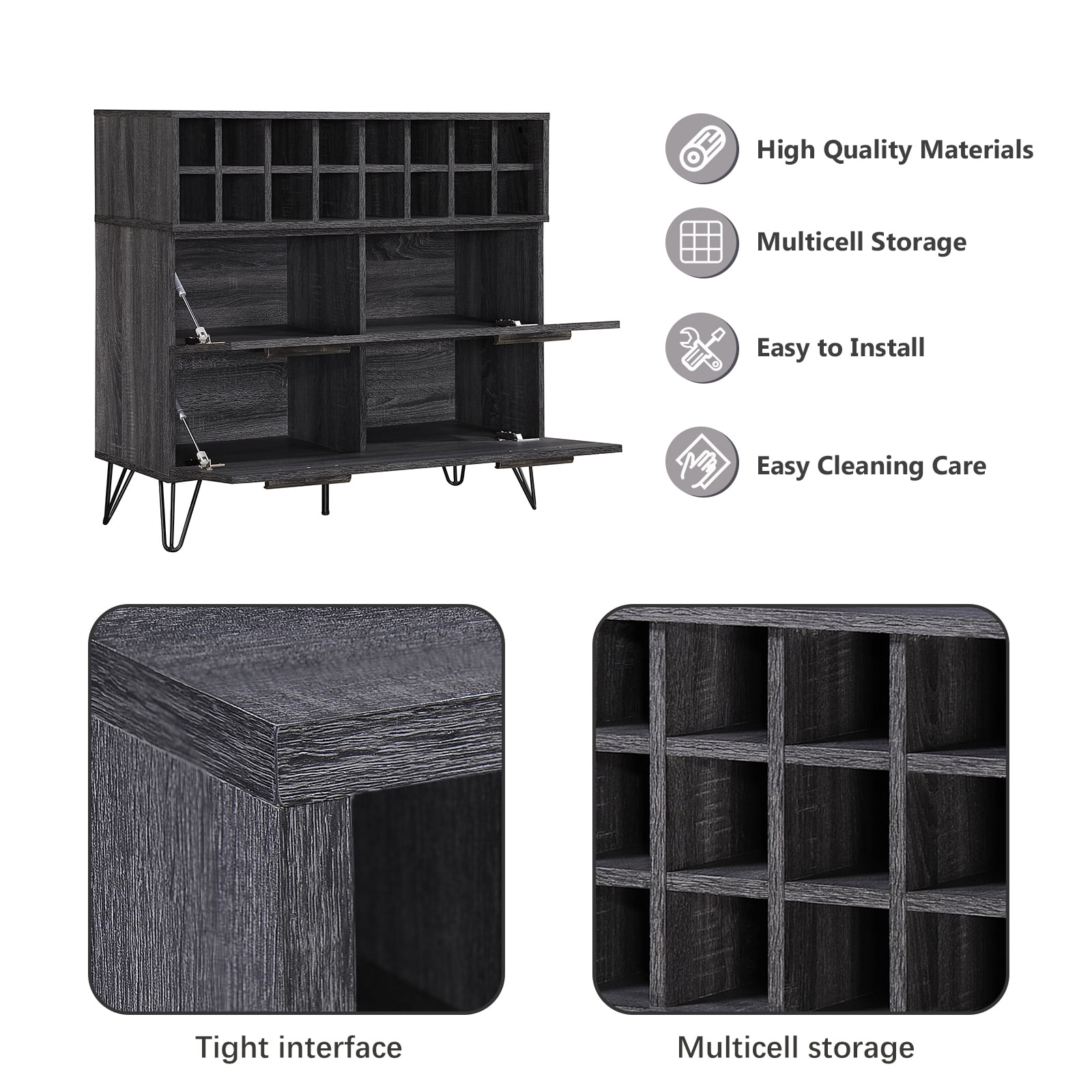 Kadyn Mid Century Fiberboard Wine Cabinet, Modern Bar Cabinet for Home Bar, Fiberboard Wine Bar Cabinet with Storage Space, Plaid Grey Oak